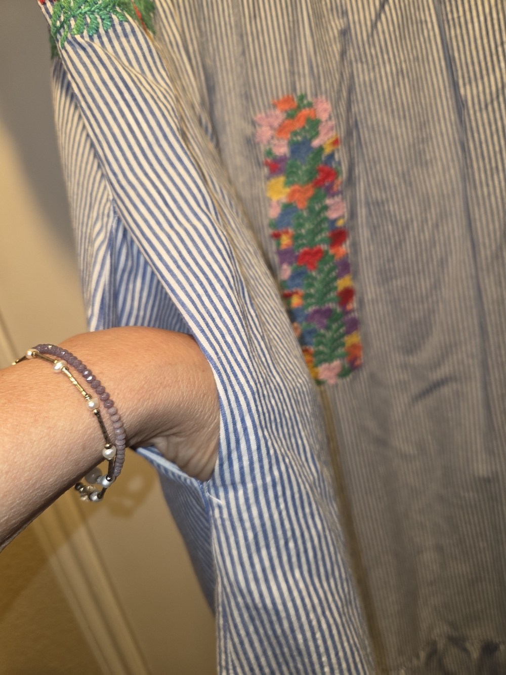 Blue Pinstripe Casual Midi Dress with Multicolor Floral Smocking - Picture 6 of 13